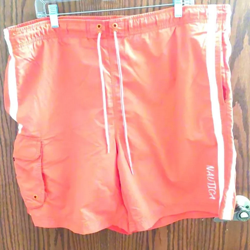 Nautica Cargo Swim Trunks Men’s L Orange White Stripe Board Shorts Pockets